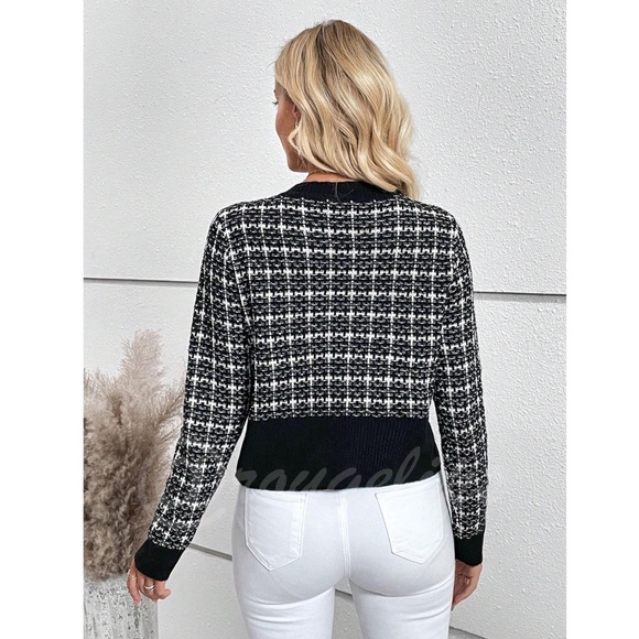 Black Plaid Button Up Cardigan Knit Long Sleeve Chest Pockets - Picture 2 of 13